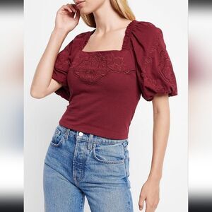 NWOT Express Embroidered Square Neck Puff Sleeve Top Small Red